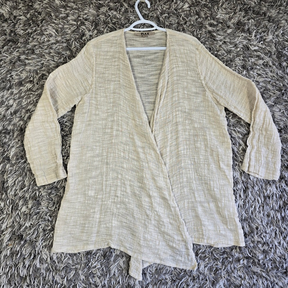 FLAX Womens Linen Cotton Open Front Cardigan Beige Lagenlook Sharkbite Size S